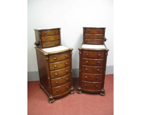 A Pair of XIX Century Mahogany Bow Fronted Pedestals, (formerly a dressing table), each having an upper section with ceramic 