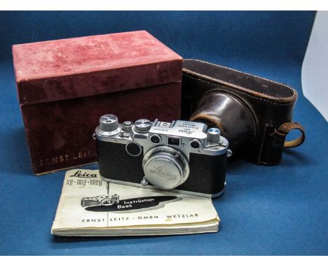 A Circa 1951 Leica IIF 35mm Camera, Ernst Leitz, Wetzlar, Germany, black dial version with Leitz Elmar F=5cm 1:3.5 lens with 