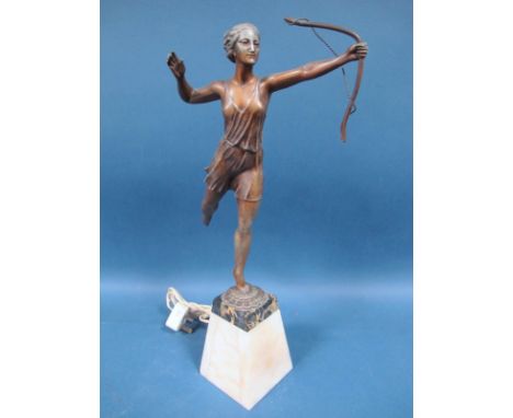 A French Art Deco Bronzed Spelter Figure, depicting a young female archer wearing a loose dress, square section marble pedest