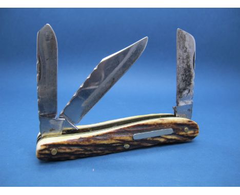 A XX Century Three Blade Folding Pocket Knife, by Stan Shaw, Sheffield, with brass lined horn scales, triple brass riveted wi