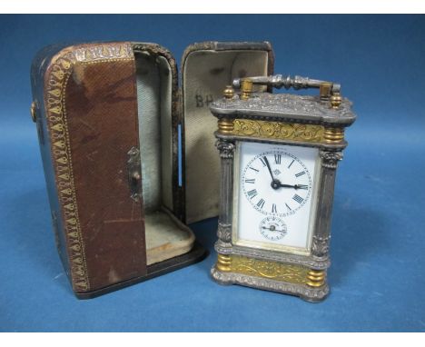 Ansonia of U.S.A. Carriage Clock, circa 1900, with white enamel face and black Roman numerals to dial, over subsidiary dial, 