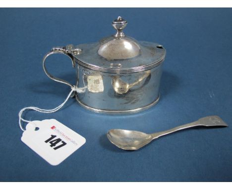 A Hallmarked Silver Lidded Mustard, C&BC, London 1921, of plain oval form with reeded edge, complete with blue glass liner; t