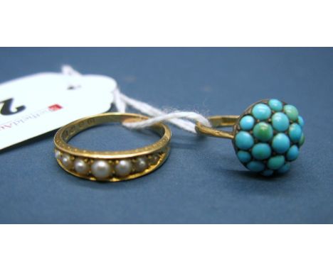 A XIX Century Turquoise Set Ring, of circular form, stamped "18ct"; Together with An 18ct Gold Pearl Set Ring. (2) 