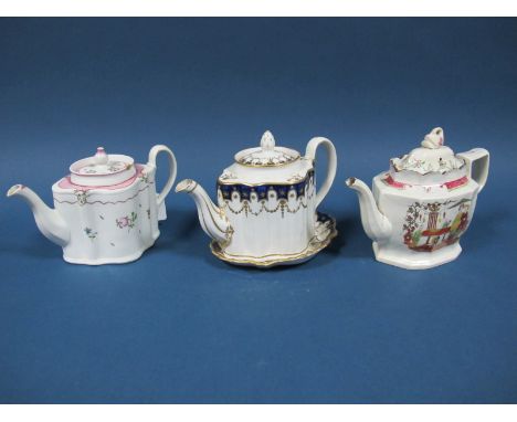 A New Hall Porcelain Teapot, Cover and Stand, of reeded silver shape, decorated in pattern number 153, in blue and gilt with 