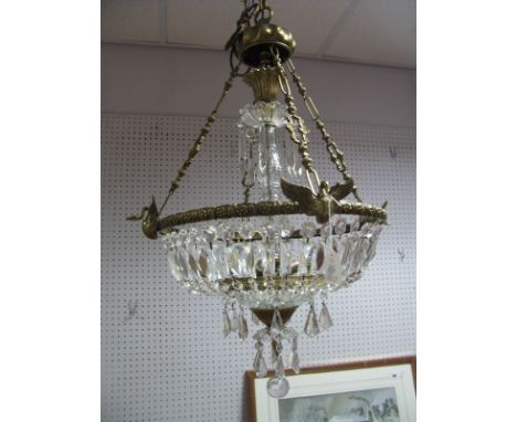 A Mid XX Century Spanish Glass Bag Chandelier, having faceted rectangular and octagonal lustre glass drops to brass swan surm
