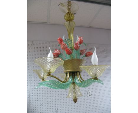 A MId XX Century Continental Murano Style Ceiling Light, decorated with sprouting tulips from central baluster, five green gl