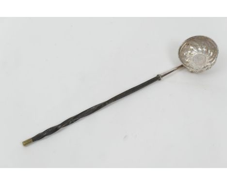 George III silver and baleen brandy ladle, the bowl centred with a George II coin and worked with wrythen bellflower trails, 