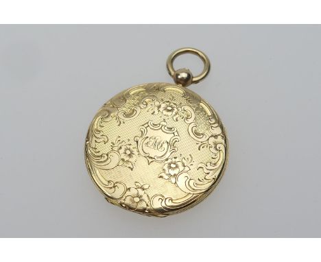 Victorian gold foliate chased picture locket, circular form with button opening, 29mm diameter, with loop for suspension, gro