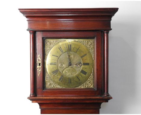 Walnut 30 hour longcase clock, 18th Century, with a brass 11 inch dial with matted centre and date aperture, striking on a be