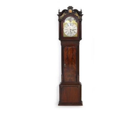 Lanson, Keighley, mahogany eight day musical chiming longcase clock, the hood with verre eglomise painted glass panels, over 