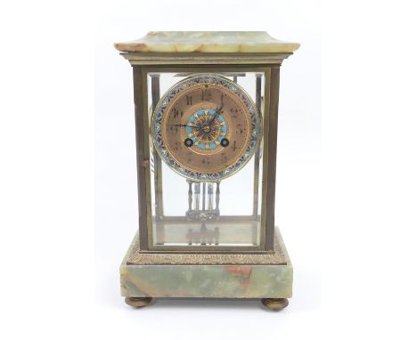 French green onyx and champleve enamelled four glass clock, circa 1900, the dial with Arabic movements, enamelled bezel, twin