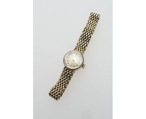 Omega 9ct gold cased lady's bracelet wristwatch, circa 1965, 12mm dial with baton numerals, manual wind, on an integral mesh 