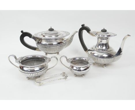 Regency style silver four piece tea service, by Israel Freeman &amp; Son Ltd, London 1947/8, comprising reeded lidded teapot 