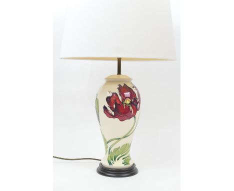 Moorcroft Wild Poppies table lamp, inverted baluster form with cream ground, original wooden base and fitments, later white f