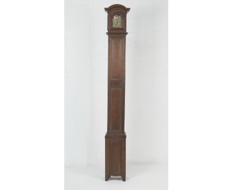 Unusual oak 30 hour longcase clock, possibly Dutch, the hood with dentil arch enclosing a 6 inch copper dial with brass chapt