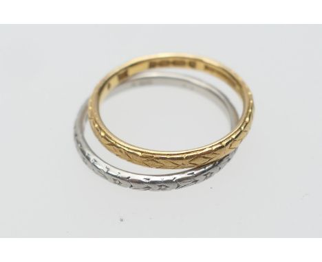 22ct gold wedding ring, chased with a chevron design, size N, weight approx. 2.6g; also a platinum wedding ring, also with ch