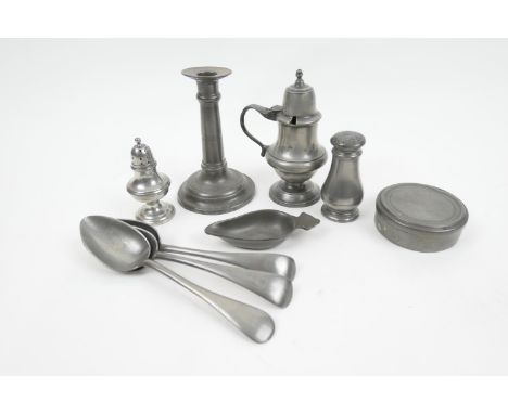 Small selection of pewter wares comprising a baluster lidded wet mustard pot, 5.5cm, a pap boat, candlestick, two pepper pots