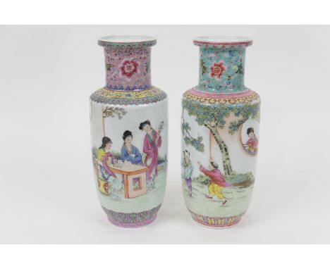 Two similar Chinese Republic rouleau vases, mid 20th Century, one decorated with girls at a table, the other with boys playin