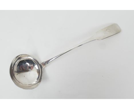 George III Irish silver oar pattern soup ladle, maker RS, Dublin 1808, further stamped 'Kelly', engraved with the crest of an