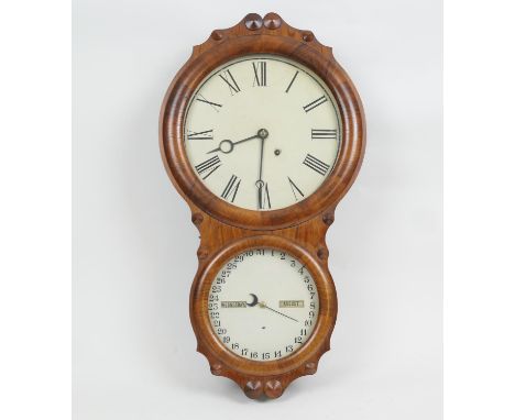 Seth Thomas walnut cased calendar clock, painted 12.5 inch dial with Roman numerals, with 8.25 inch calendar dial beneath, op