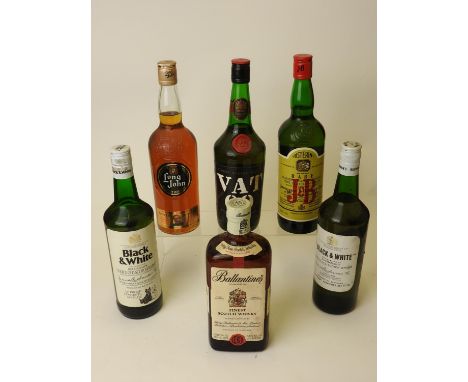 Six bottles blended Scotch whisky comprising Ballantine's, J&amp;B Rare, Black and White (2 bts), VAT 69, and Long John (Plea