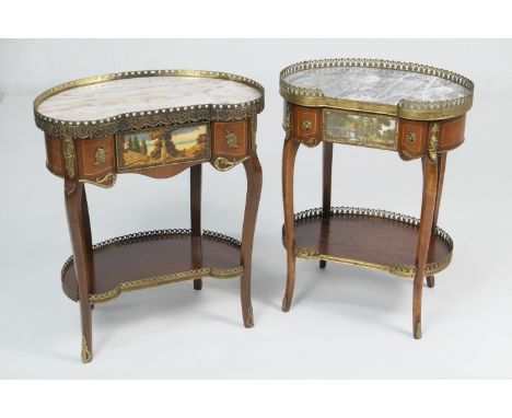 Two similar French walnut and marble topped kidney shaped night tables, late 20th Century, the marble tops bordered with a br