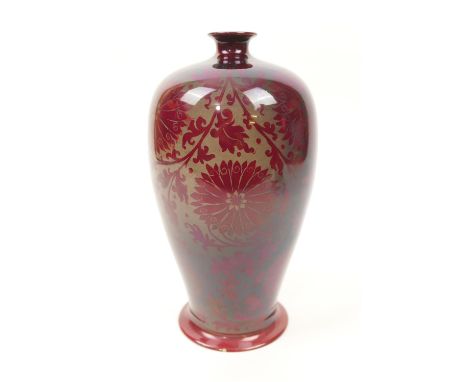 E R Wilkes dated flambe vase, ovoid form with a short trumpet neck, decorated with stylised chrysanthemum and foliage, inscri