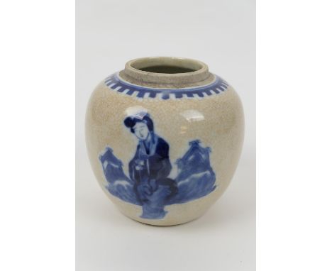 Chinese crackle glazed ginger jar, with underglaze blue decoration of a solitary figure, Kangxi four character mark, height 1