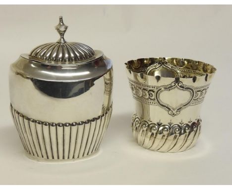 Late Victorian silver lidded tea caddy, maker's mark rubbed, Birmingham 1896, half reeded oval form with domed cover, height 