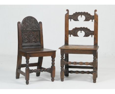 Oak joined chair, probably Yorkshire, 18th Century and later, with a carved rose panel back and bobbin turned supports and st