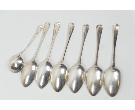 George III Old English pattern silver table spoons and sauce ladle, comprising three by William Eley and William Fearn, Londo