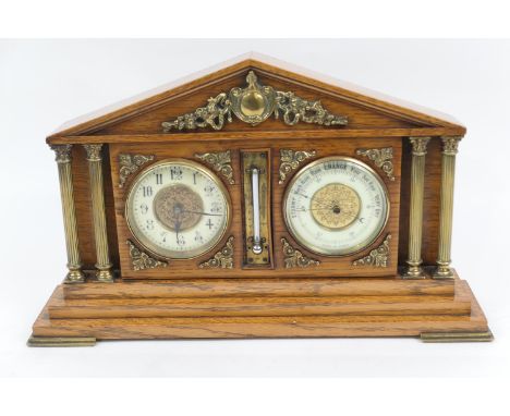 French oak architectural mantel clock and barometer, of temple form with cream dials, centred with a thermometer and within d
