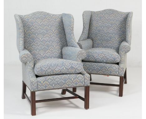 Pair of Duresta wing armchairs, in the Georgian style, upholstered in a chevron patterned light blue fabric, height 108cm, wi