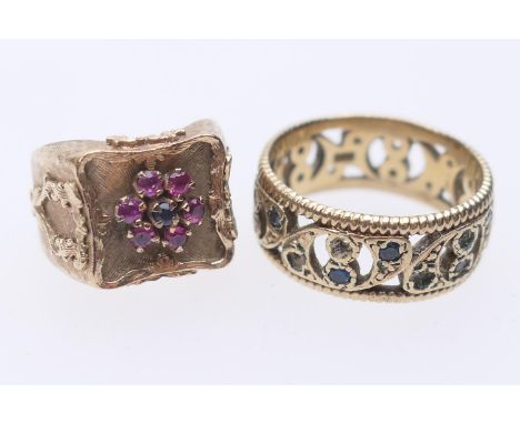 9ct gold sapphire and ruby signet ring, set with small round cut stones in a flowerhead design in a recessed square mount and