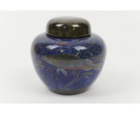 Pilkingtons Royal Lancastrian small covered jar, by R Joyce, circa 1914-38, decorated with bass swimming amidst seaweed, in c