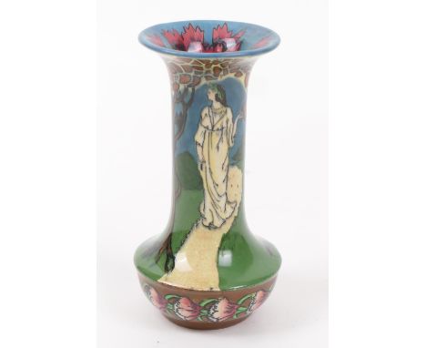 Wileman Foley Intarsio small vase, no. 3554, decorated with a figure walking within a garden in coloured print (restored), he