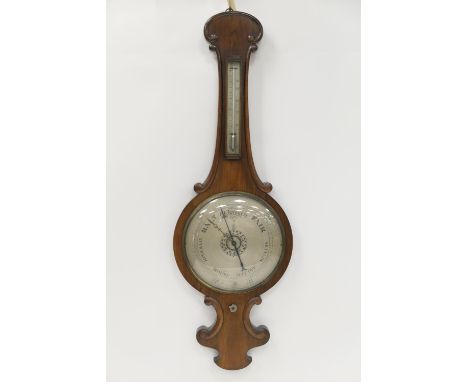 Early Victorian rosewood wheel barometer, 12 inch main silvered dial, silvered thermometer, carved mother of pearl adjuster, 