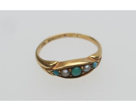 Edwardian turquoise and pearl dress ring, in 18ct gold, size O, gross weight approx. 3.4g (Please note condition is not noted