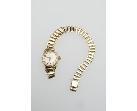 Omega 9ct gold lady's bracelet wristwatch, 17mm dial with Arabic numerals, manual wind movement (currently ticking), on a lat