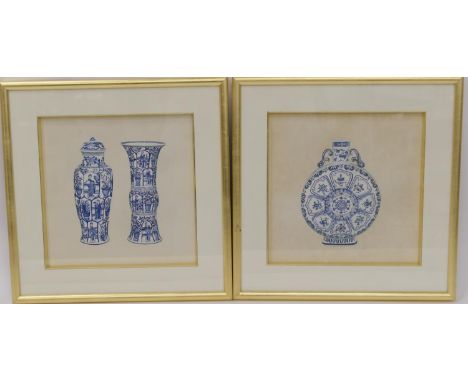 Chinese School (20th Century), Set of four watercolours depicting Ming and Kangxi blue and white porcelain designs, each 30cm