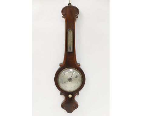 G E Evans, Oswestry, mahogany wheel barometer, with 21cm silvered main dial, silvered thermometer, turned bone adjuster, heig