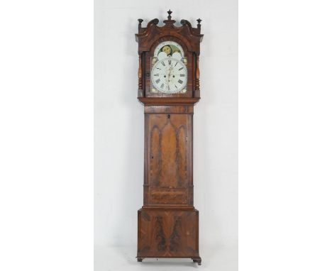 J Carter, Warrington, mahogany eight day longcase clock, circa 1820, the hood with turned wooden finials and turned columns f