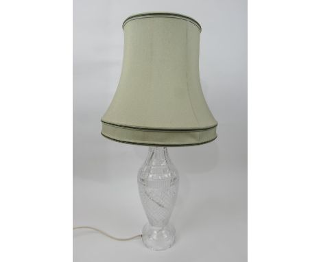 Cut crystal glass table lamp, ovoid form with domed foot, height to the fitting 58cm, with a sage green fabric shade, total h