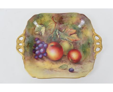 Royal Worcester fruit decorated serving dish, by E Townsend, date code for 1928,  rectangular form with gilded handles and de