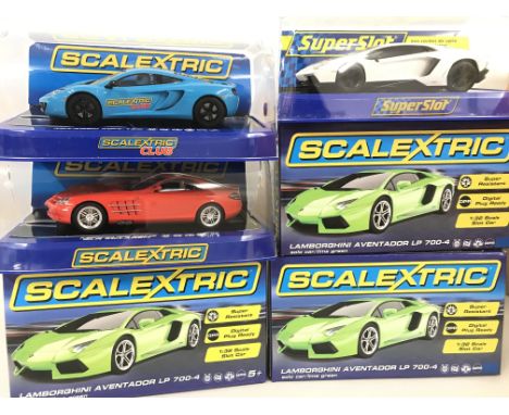 6 x Boxed Scalextric Cars. 4 Lamborghini Aventador LP 00-4. A McLaren MP4-12c and a Mercedes-Benz SLR McLaren.