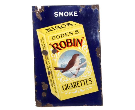 Vintage 20th century enamel advertising sign for Ogdens Robin Cigarettes, 91 x 61cm 