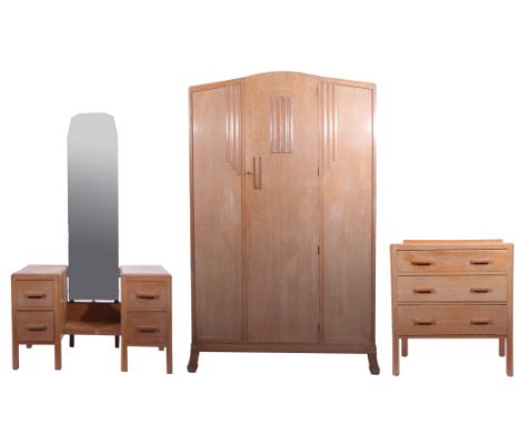 Trevor Page &amp; Co (Norwich) lined oak three piece bedroom suite comprises a wardrobe with single door enclosing shelf and 