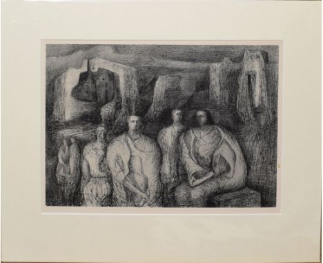 After Henry Moore (20th Century), Figures, black and white lithograph, 20 x 29cm, mounted but unframed