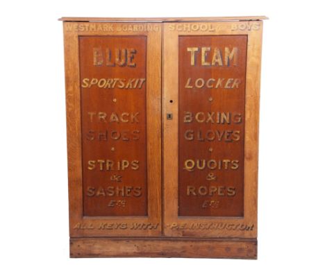 Vintage named "Westmark Boarding School for Boys" locker/cabinet constructed in oak with a plain shelved interior, 1.06m wide