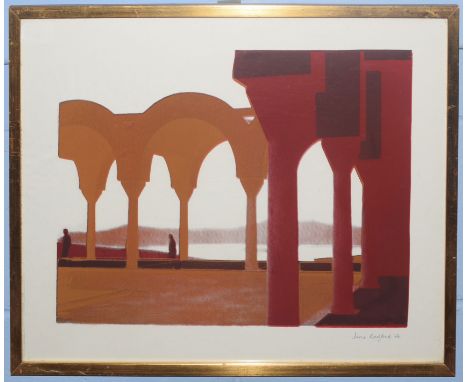 •June Radford (20th century), Figures by ruins, coloured print, signed and dated 76 lower right, 35 x 49cm   